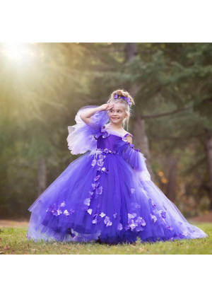 Spaghetti Straps Purple Tulle 3D Flowers Romantic Flower Girl Dress